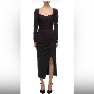 Self-Portrait Black Long-Sleeve Ruched Midi Dress